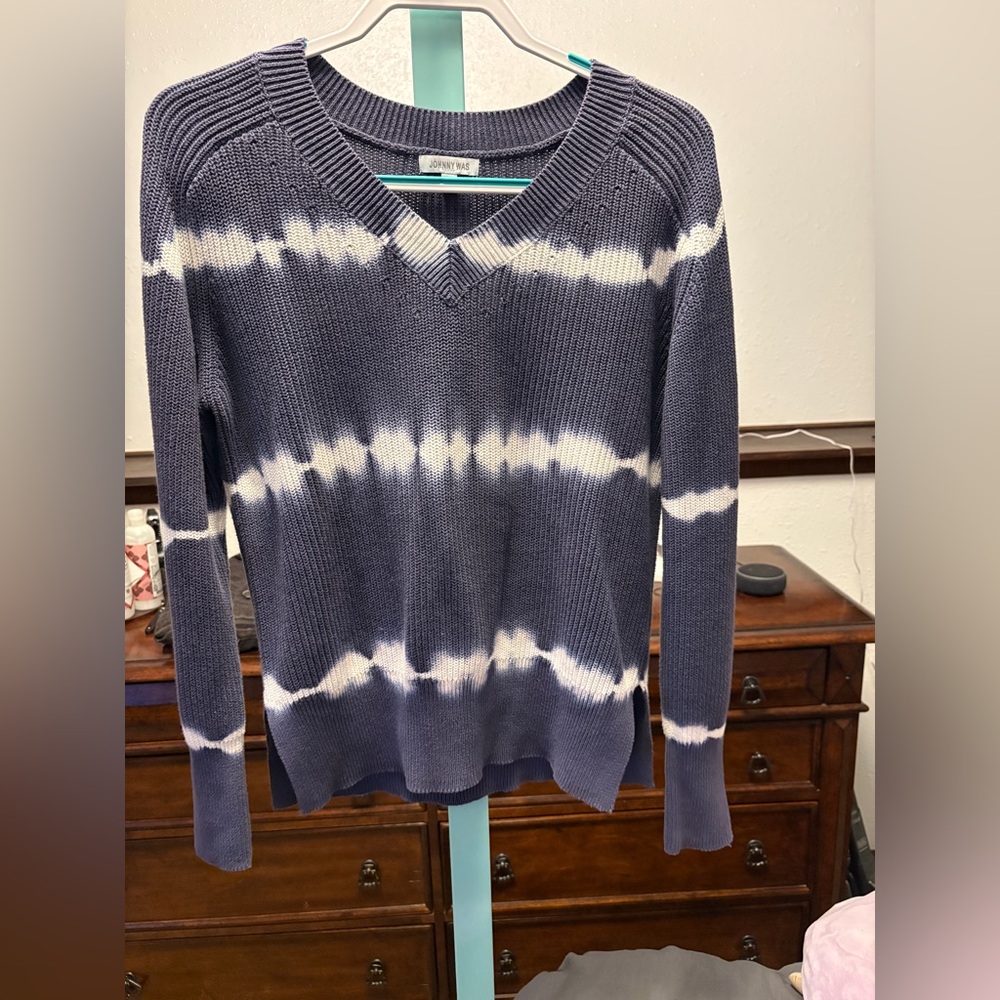 Johnny Was Oversized Indigo and White V-Neck Sweater